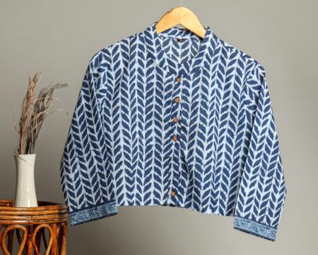Hand Block Printed Cotton Shirt for Women ? Indigo Blue Leaf Print Button-Down Top with Long Sleeves